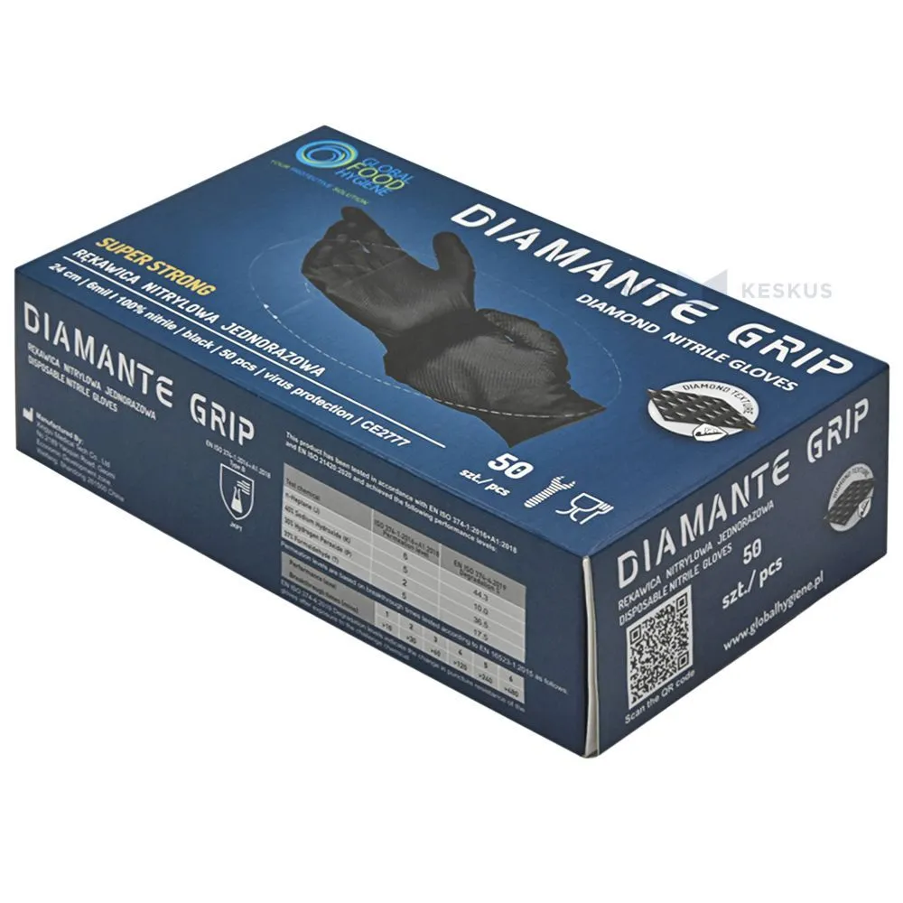 Black nitrile gloves non-powdered XL nr. 9-10 structured DIAMANTE GRIP, 50pcs/pack