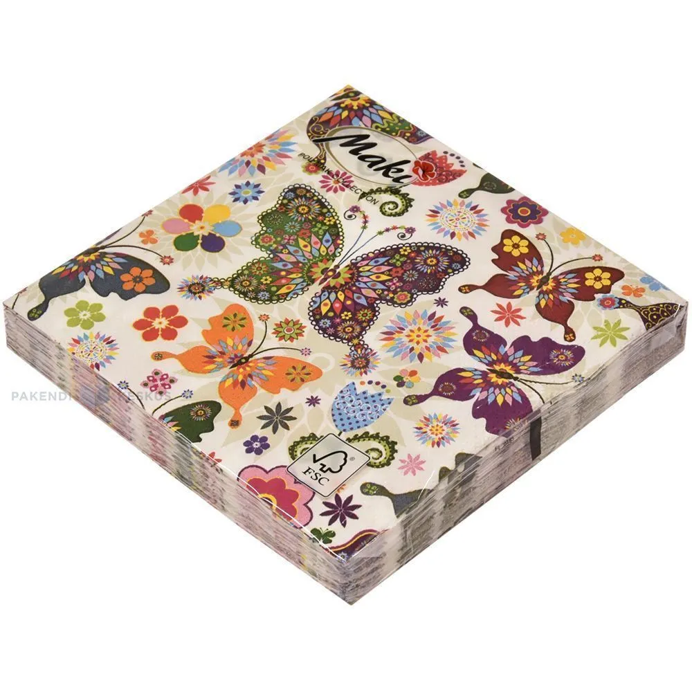 3-kihiline liblikatega salvrätik 33x33cm, pakis 20tk