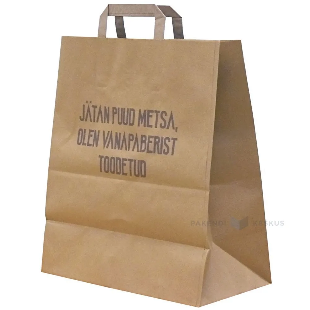 Forest print brown recycled paper bag with flat paper handles 32+17x38cm