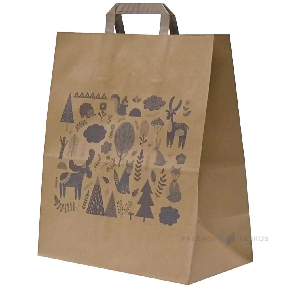 Forest print brown recycled paper bag with flat paper handles 32+17x38cm