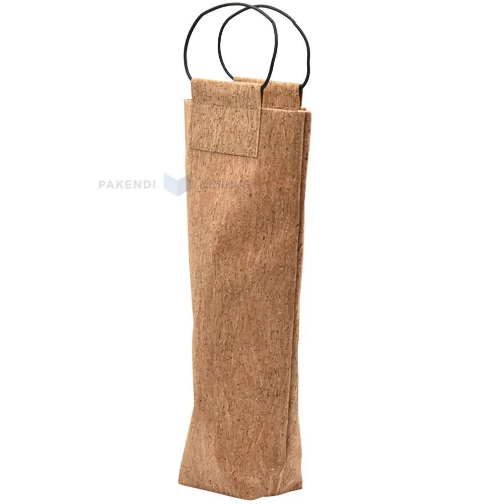 Natural shiny cork gift bag for wine with leather handles 9+7,5x34cm