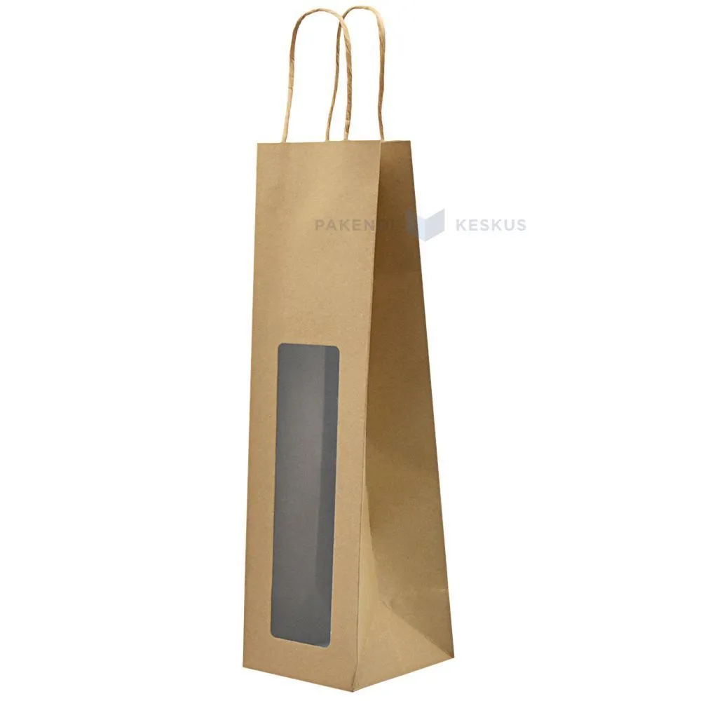 Brown paper bag for wine with window and twisted handles 10,5+10,5x36cm