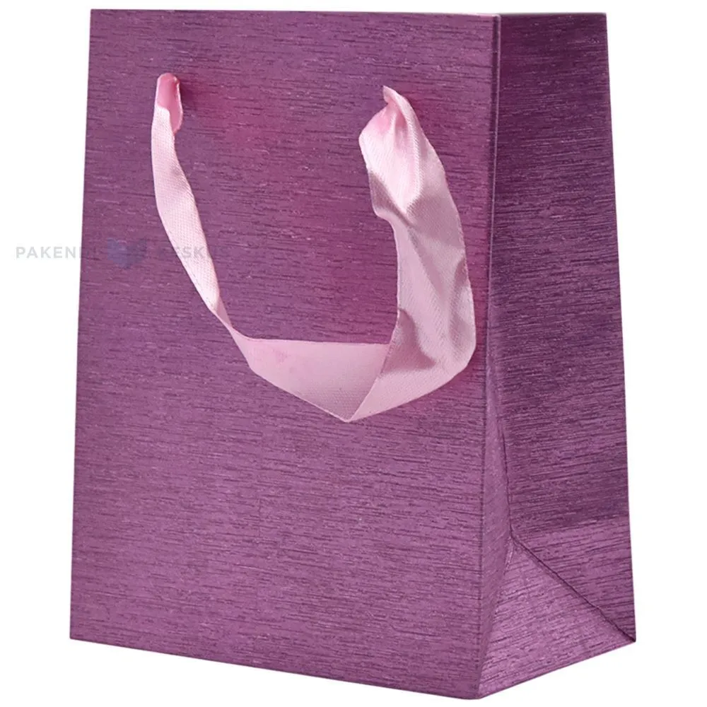 Shiny pink paper bag with ribbon handles 11+6x14cm