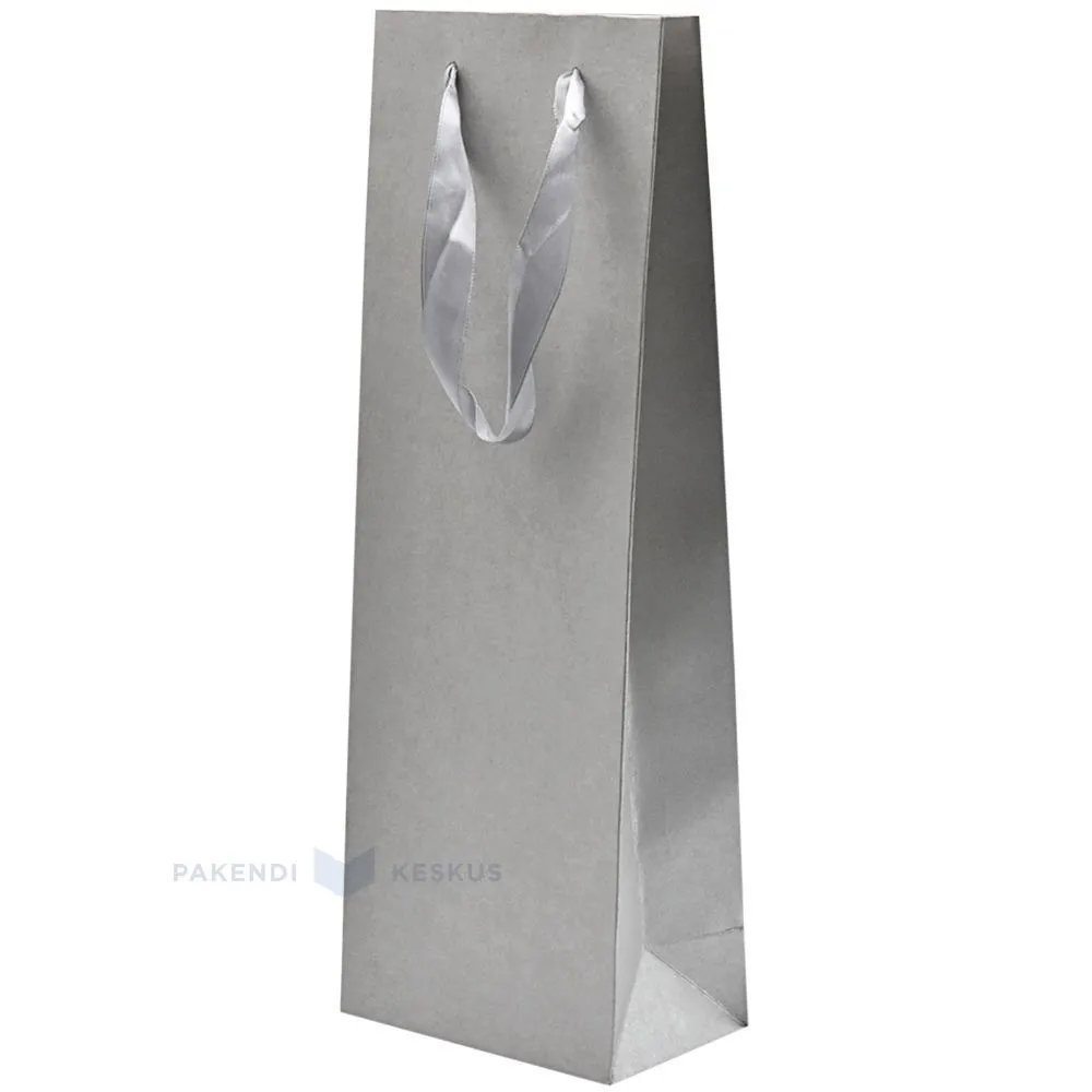 Pelēks papīra maisiņš ar lentes rokturiem vīnam 13+8x36cm