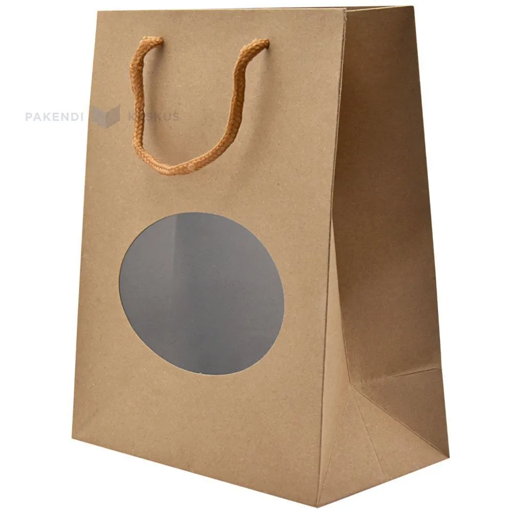 Brown paper bag with oval window and rope handles 18+10x23cm