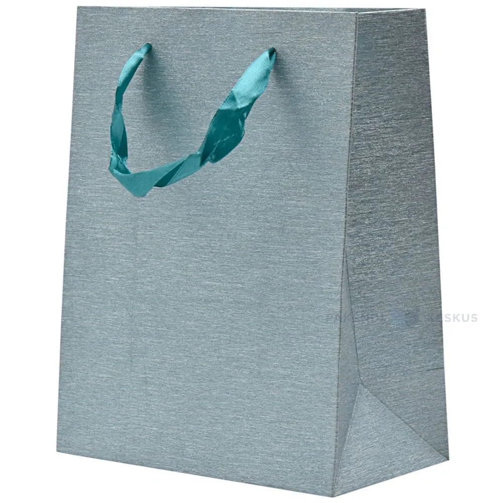 Spīdīgi zili-zaļš papīra maiss ar lentes rokturiem 18+10x23cm