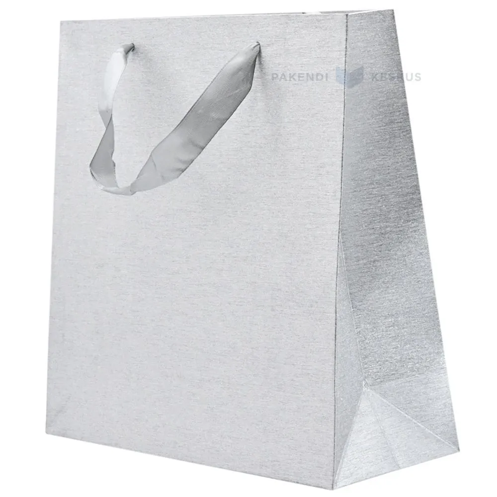 Shiny silver paper bag with ribbon handles 25+10x25cm