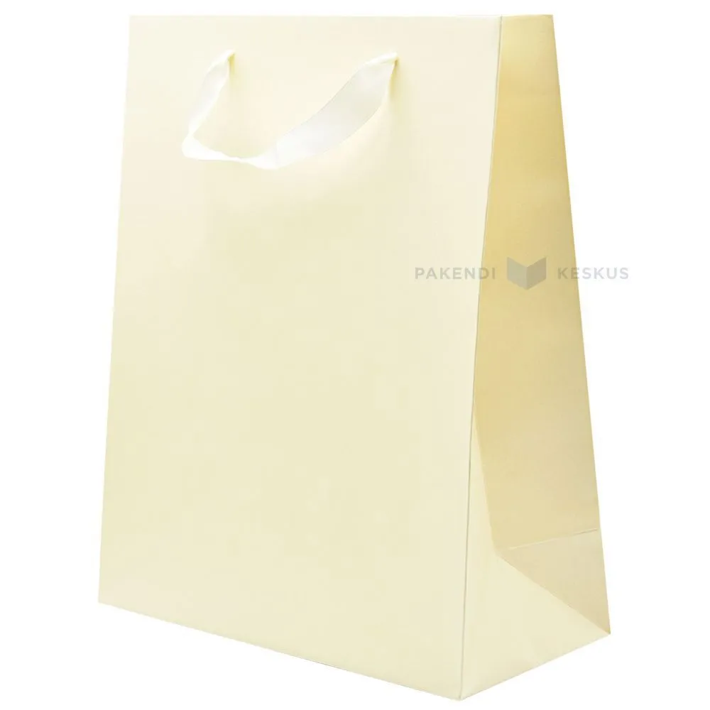 Ivory white paper bag with ribbon handles 26+12x32cm