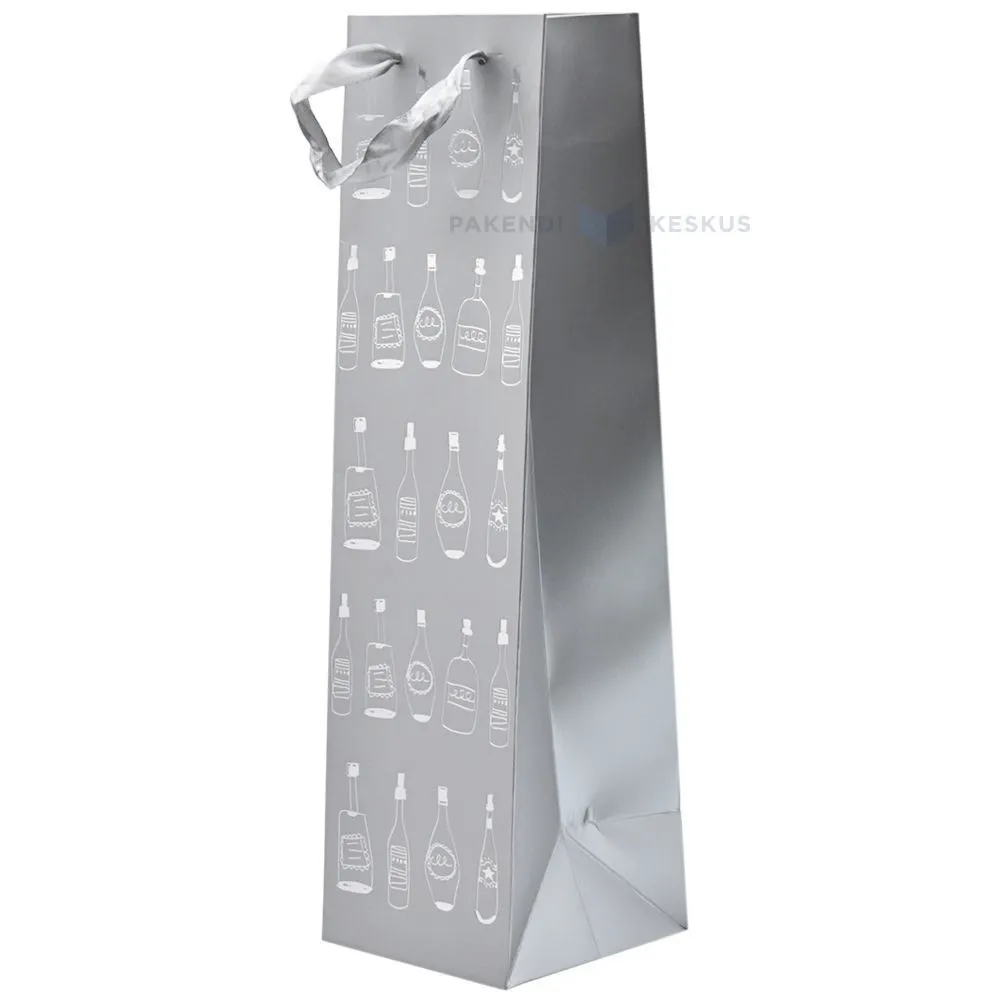 Little white bottles print gray paper bag for wine with ribbon handles 10,5+10,5x36cm
