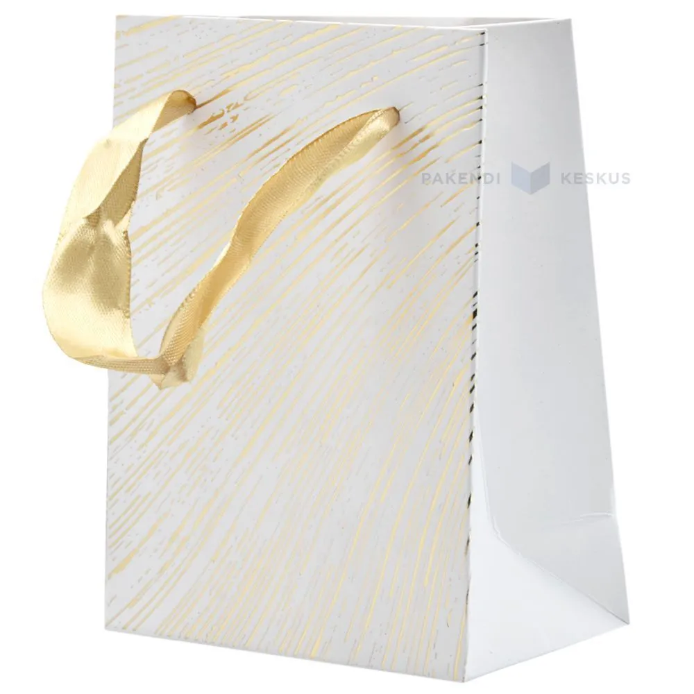 Golden marble stripes white paper bag with ribbon handles 11+6x14cm