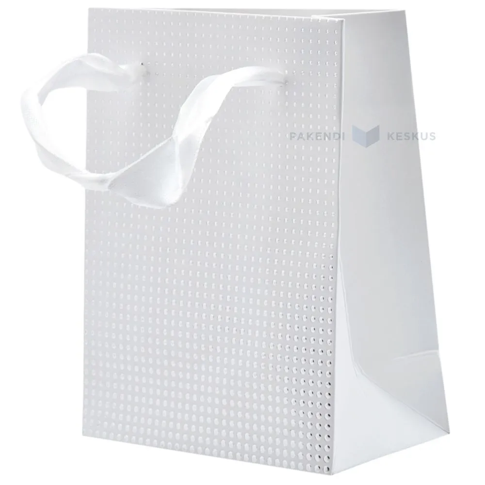 Silvery dots white paper bag with ribbon handles 11+6x14cm