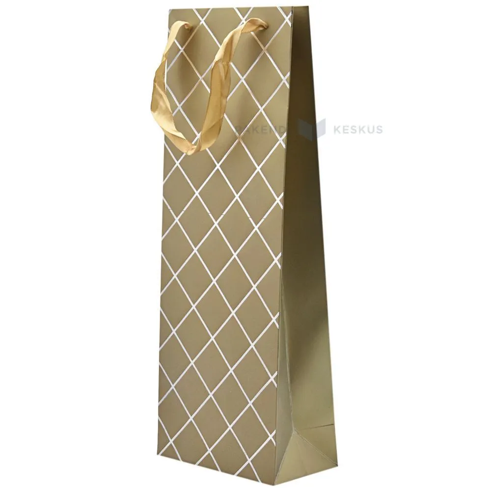 Rhombus print golden paper bag for wine with ribbon handles 15+8x40cm