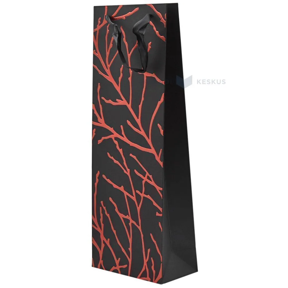 Red branches print black paper bag for wine with ribbon handles 15+8x40cm