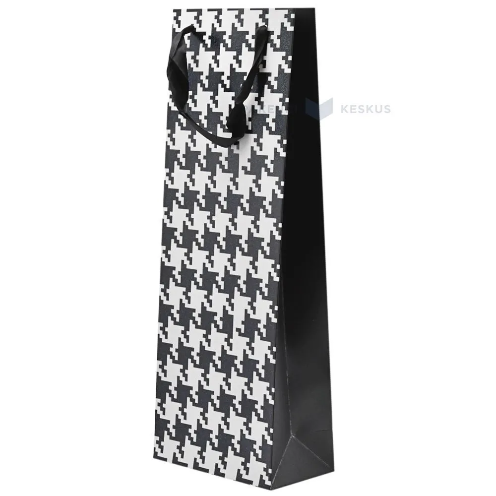 Black-white houndstooth pattern print paper bag for wine with ribbon handles 15+8x40cm