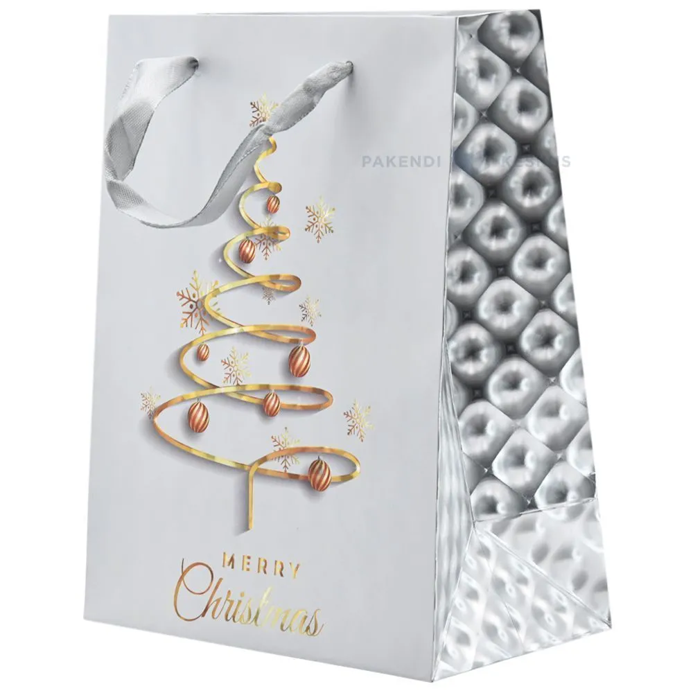 Spiral tree gray paper bag with ribbon handles 18+10x23cm