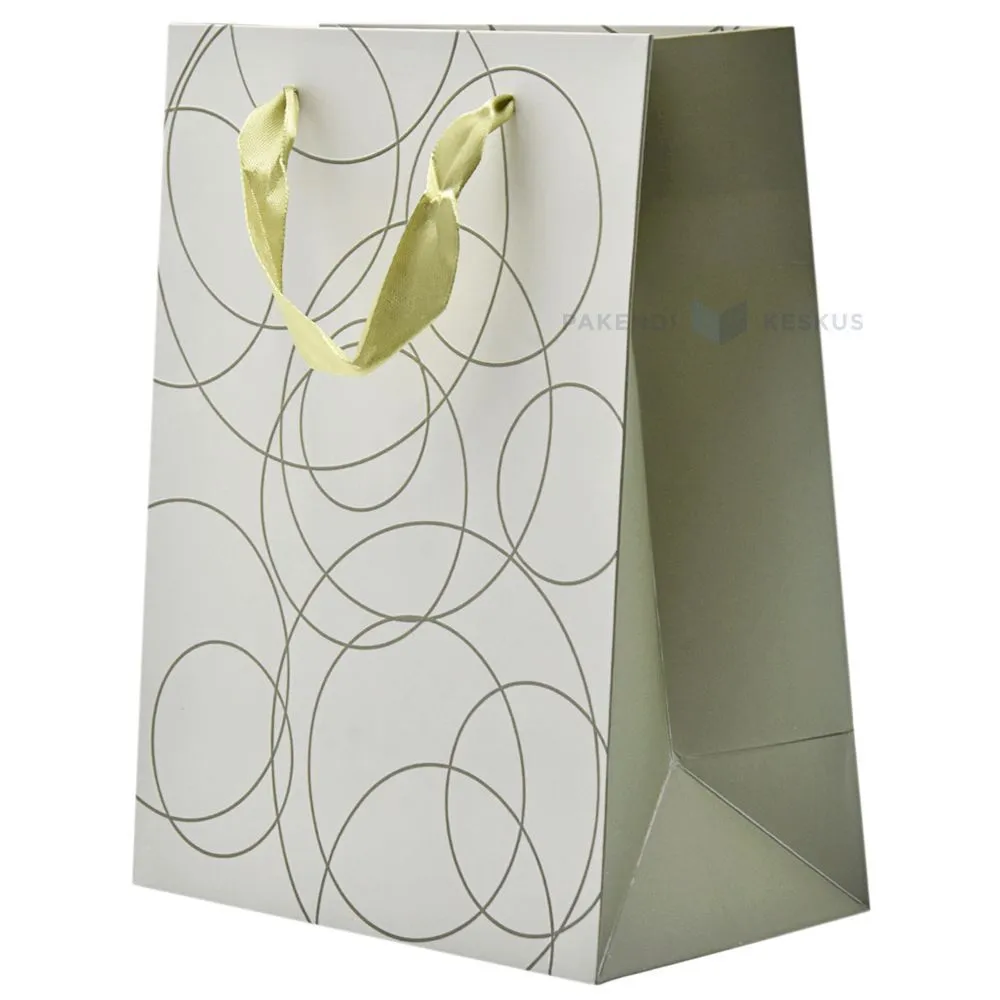 Greenish circles gray paper bag with ribbon handles 18+10x23cm