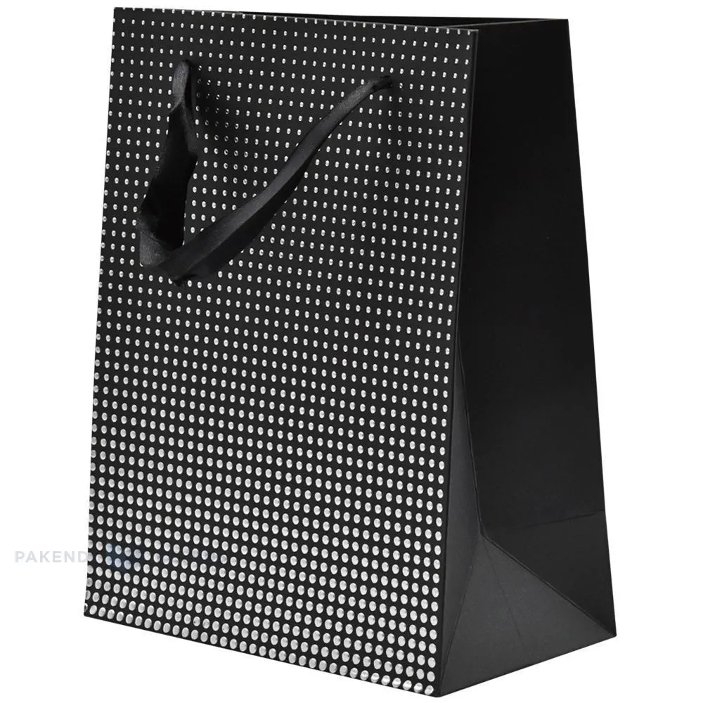 Paelsangaga hõbedaste täppidega must kinkekott 18+10x23cm