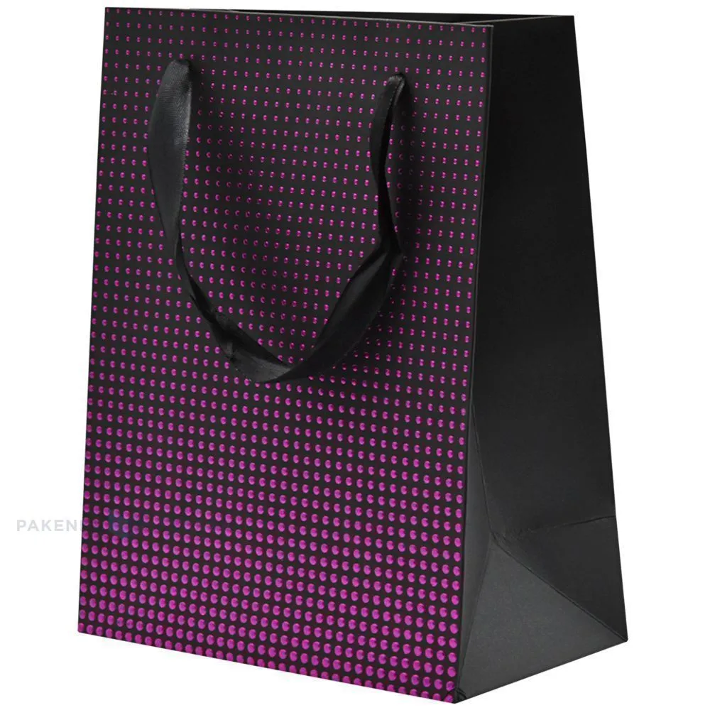 Purple dots print black paper bag with ribbon handles 18+10x23cm