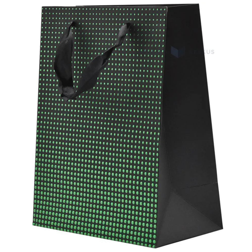 Green dots print black paper bag with ribbon handles 18+10x23cm