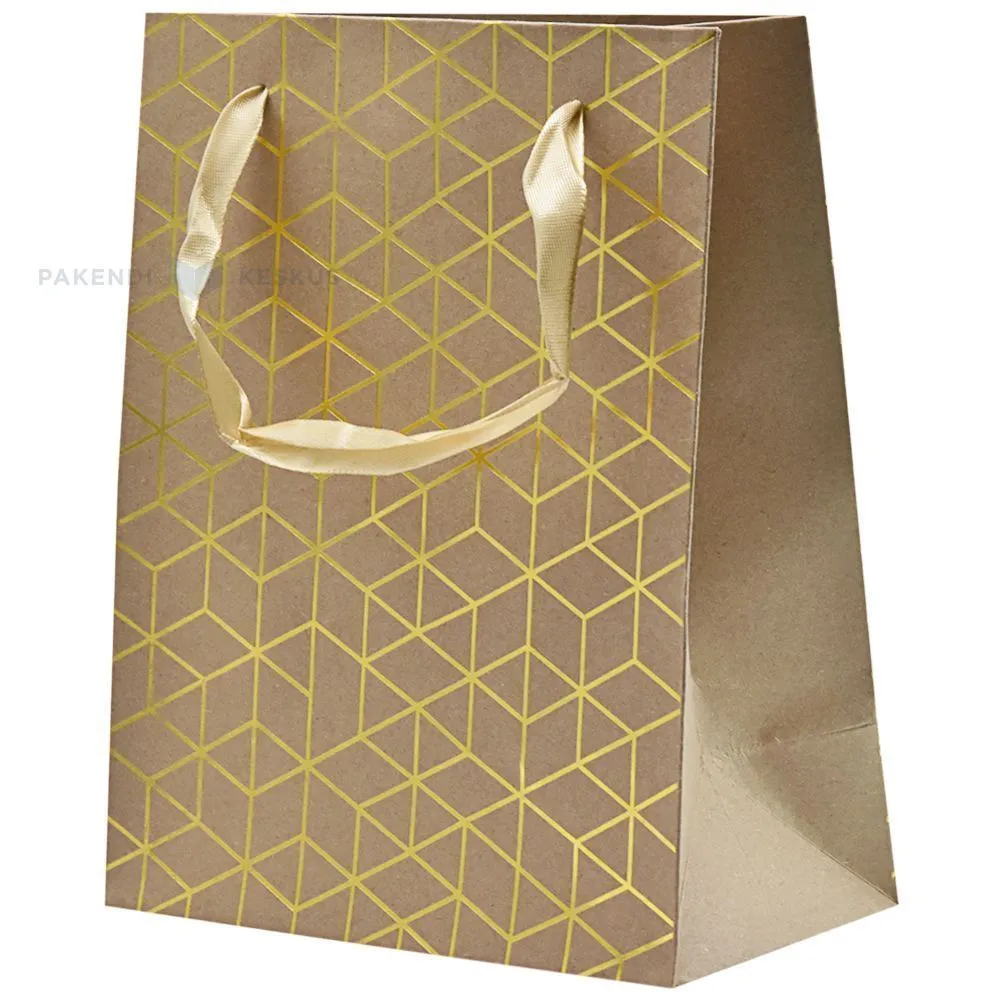 Golden rhombus print craft paper bag with ribbon handles 18+10x23cm