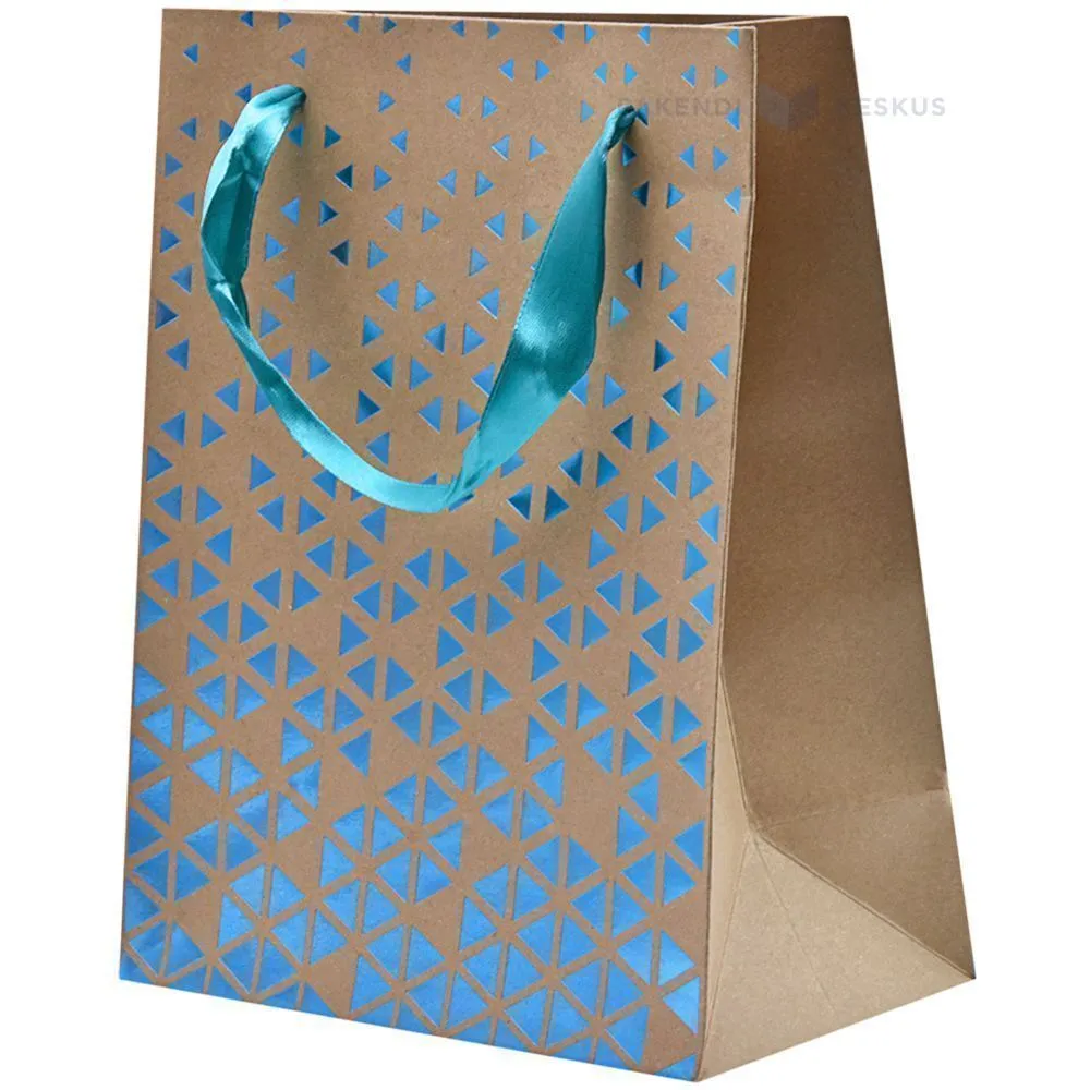 Light blue relief rhombus print craft paper bag with ribbon handles 18+10x23cm