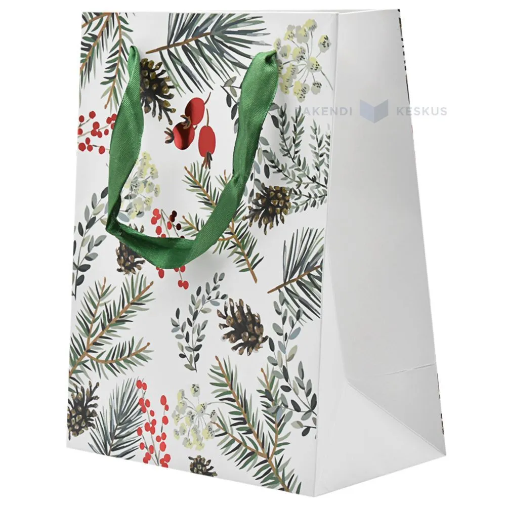 Branches, cones and red berries print paper bag with ribbon handles 18+10x23cm