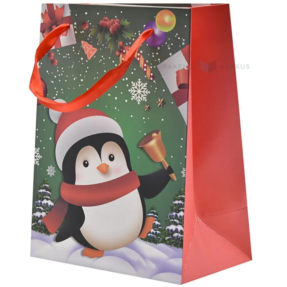 Zaļš papīra maiss ar pingvīnu apdruku un ar lentes rokturiem 18+10x23cm