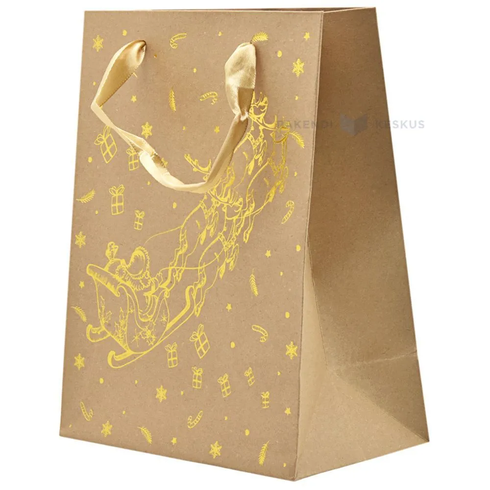 Golden sledge print craft paper bag with ribbon handles 18+10x23cm