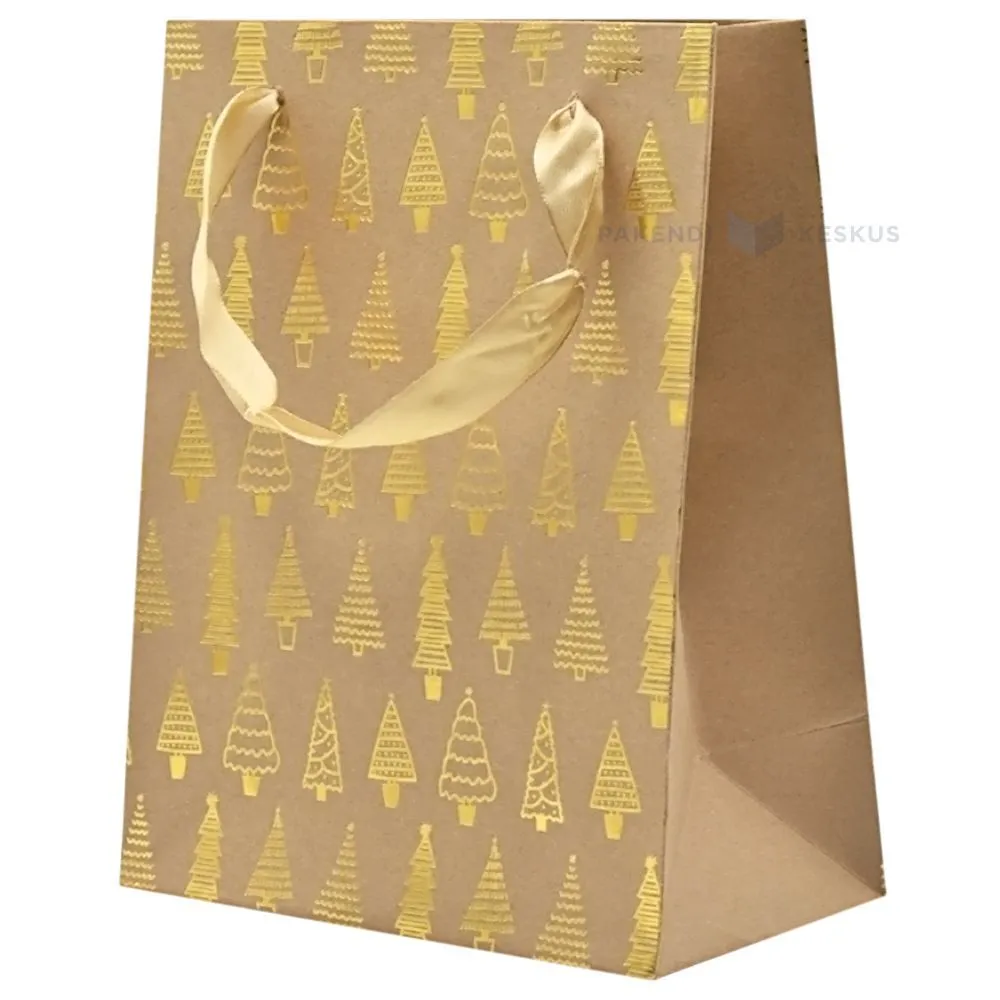 Golden trees print brown paper bag with ribbon handles 18+10x23cm