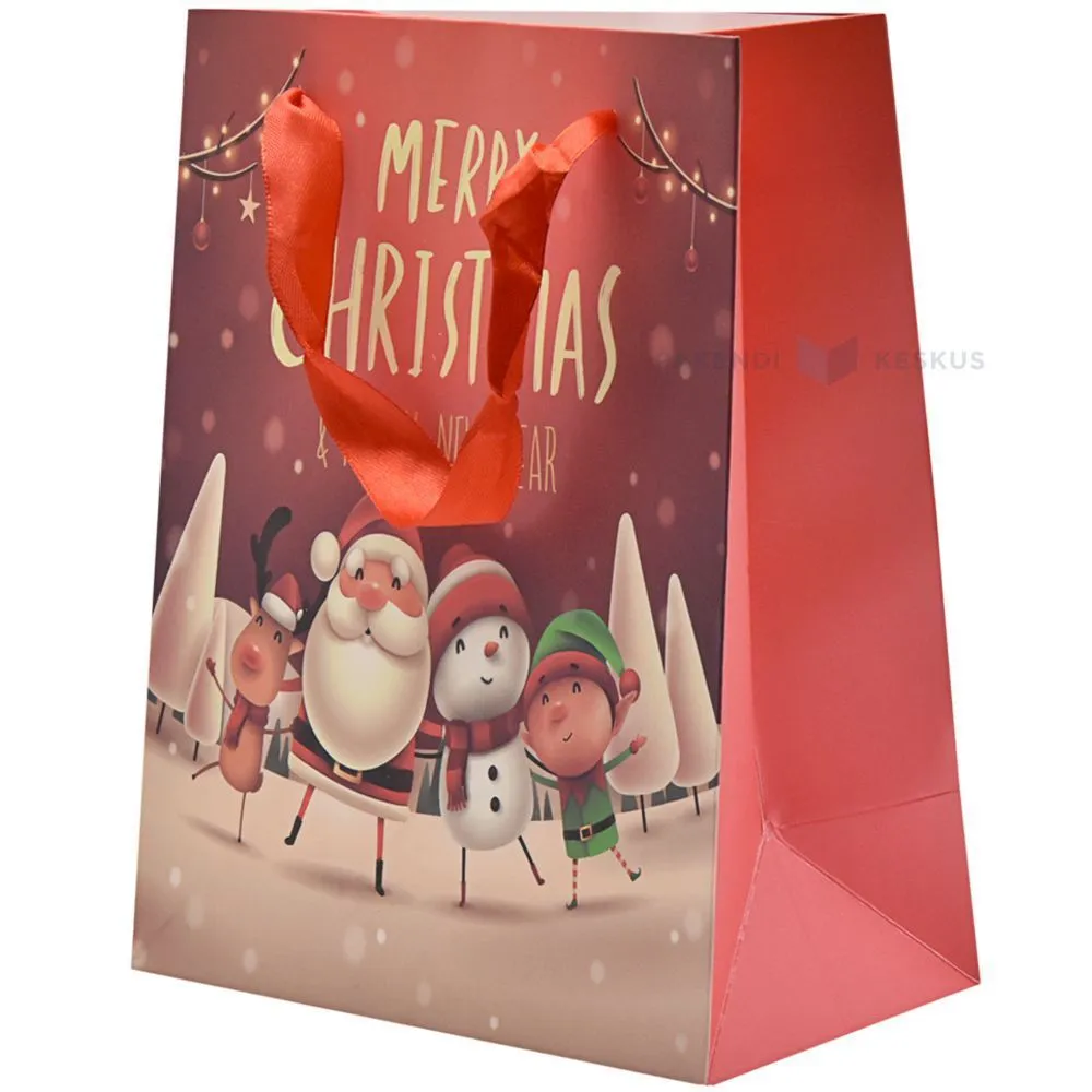 Santa and elf print red paper bag with ribbon handles 18+10x23cm