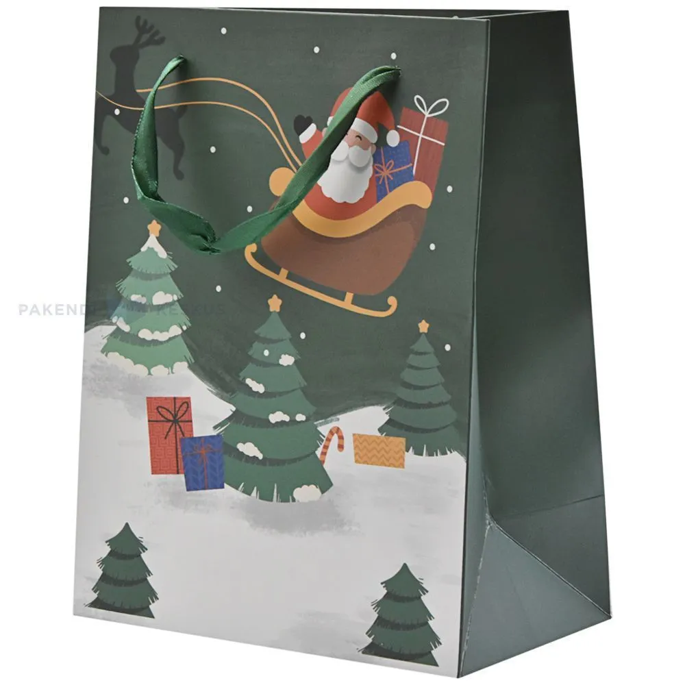 Trees and Santa print green paper bag with ribbon handles 18+10x23cm