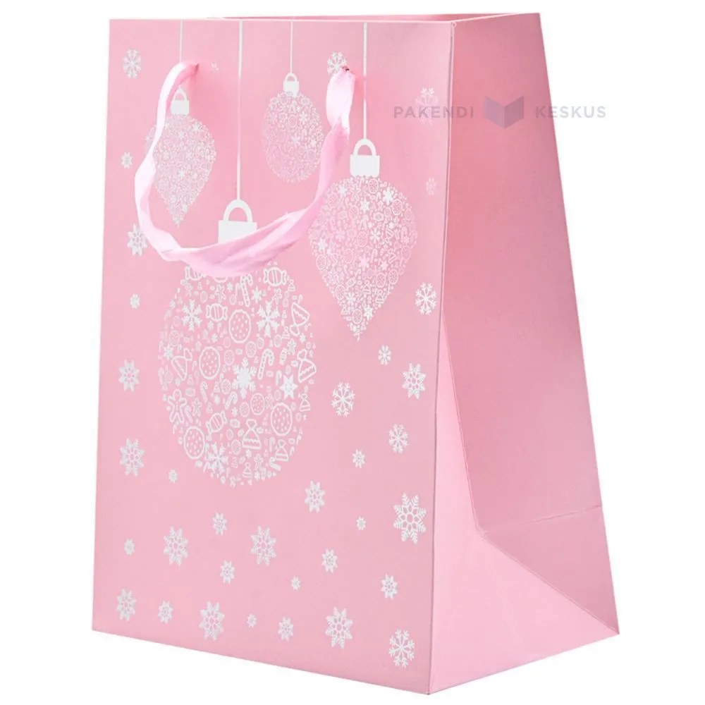 White ornaments print light pink paper bag with ribbon handles 18+10x23cm