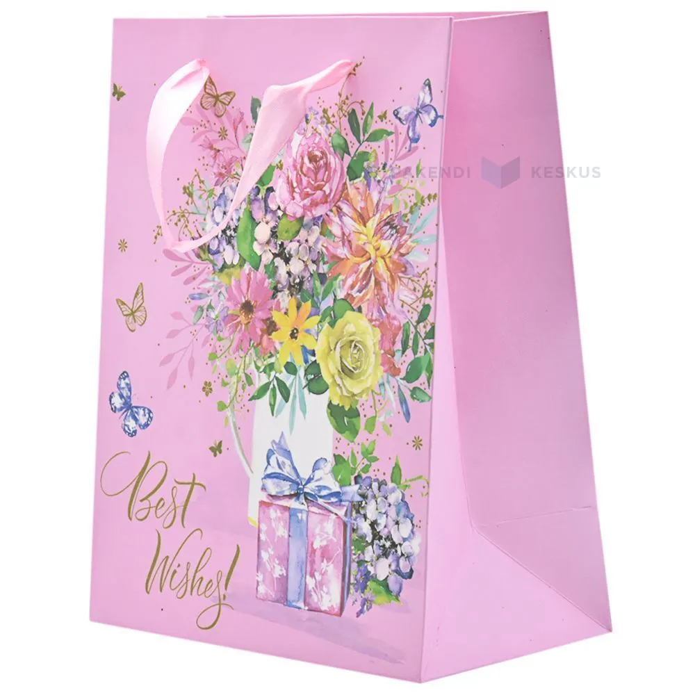 Flower vase and present Best Wishes print pink paper bag with ribbon handles 18+10x23cm