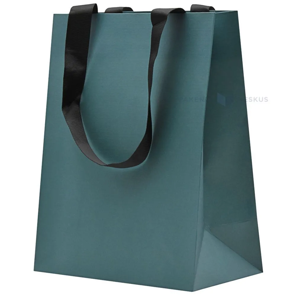 Dark greenish gift bag with black ribbon handles 18+10x23cm
