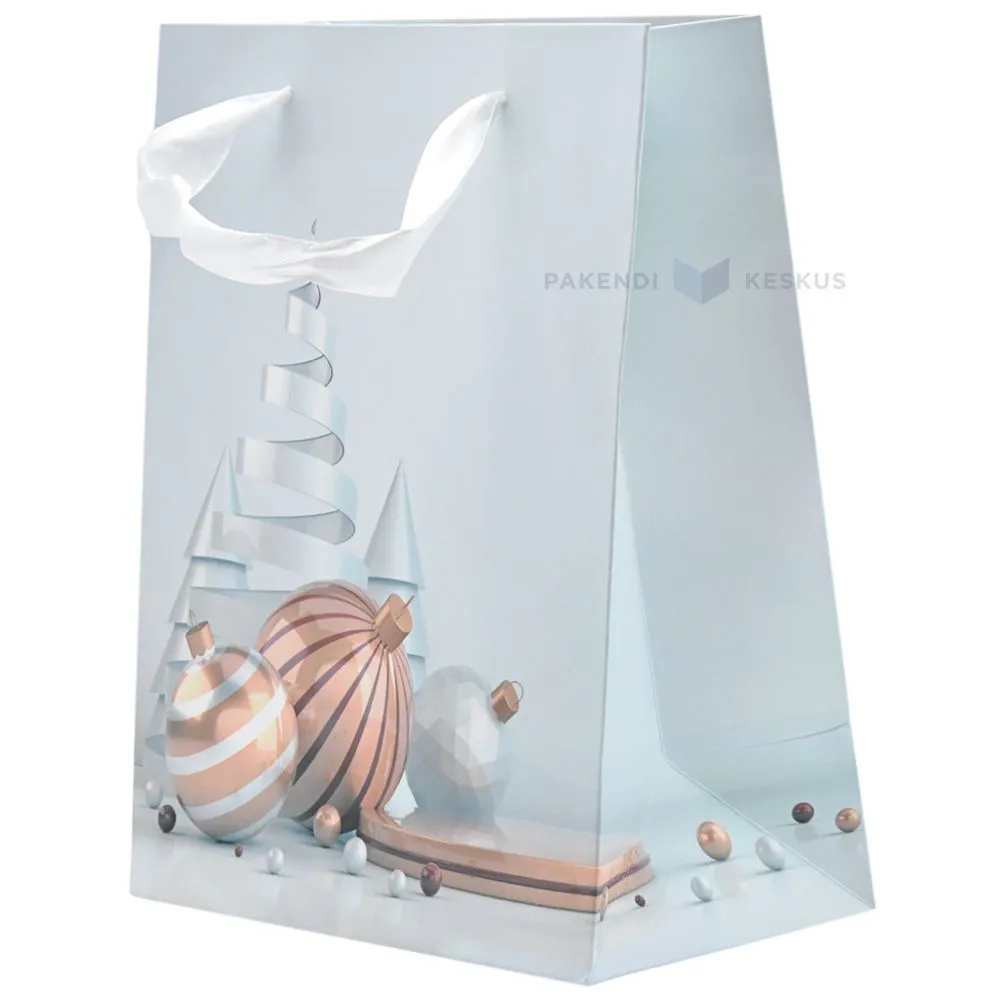 Spiral tree and ornaments print bluish paper bag with ribbon handles 18+10x23cm