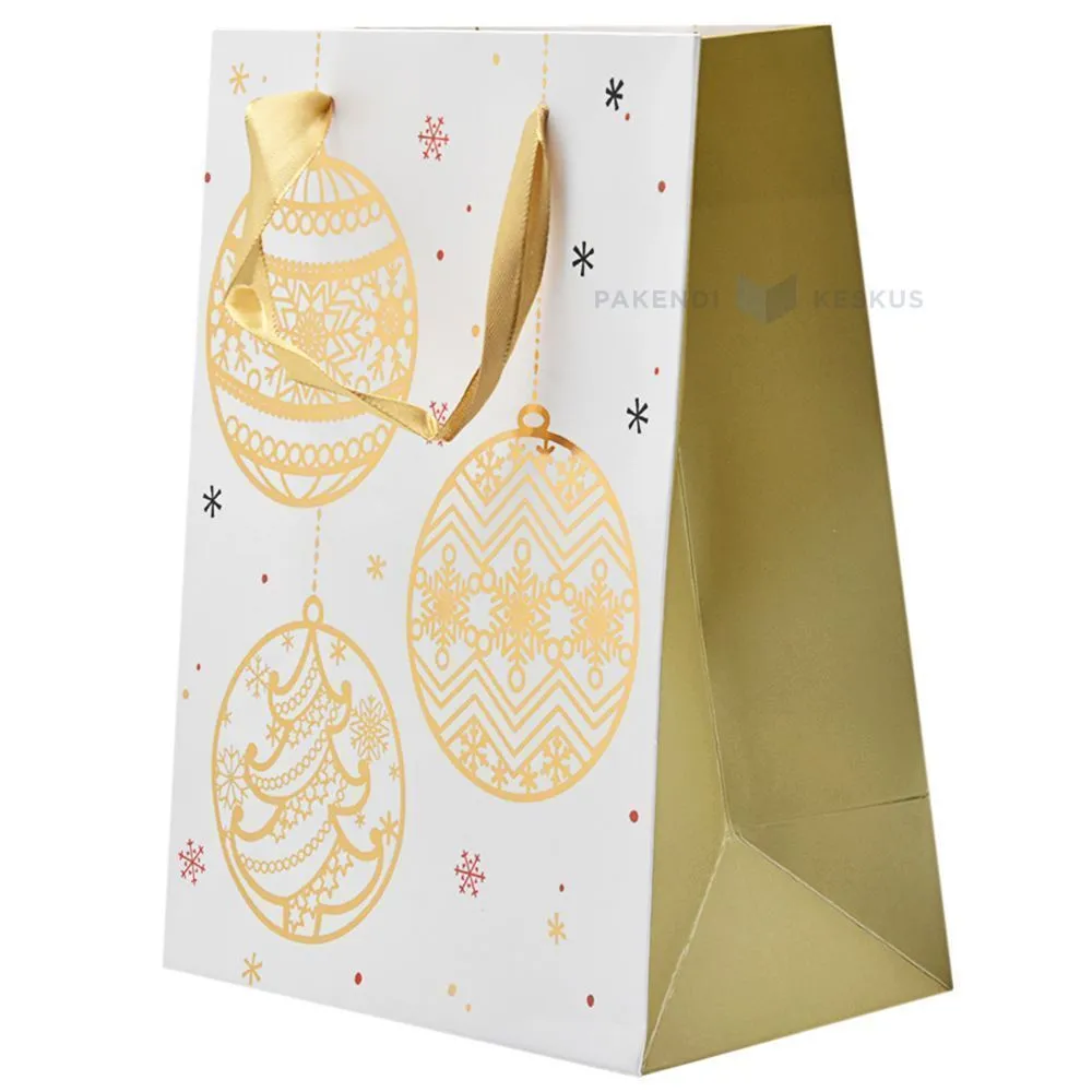 Round golden ornaments print white paper bag with ribbon handles 18+10x23cm