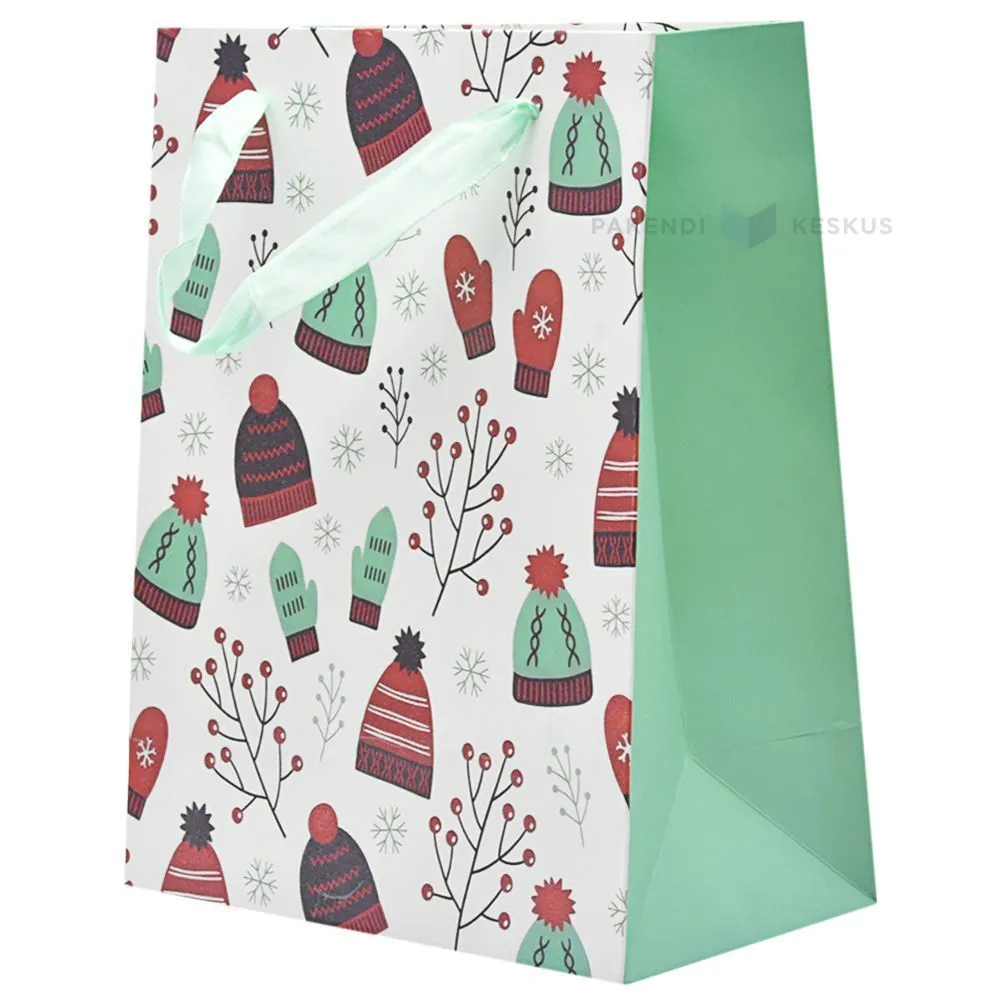 Hats, gloves and branches print white paper bag with ribbon handles 18+10x23cm