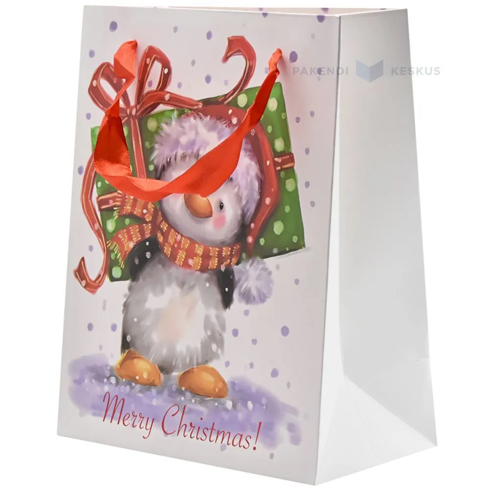 Penguin with big present print white paper bag with ribbon handles 18+10x23cm