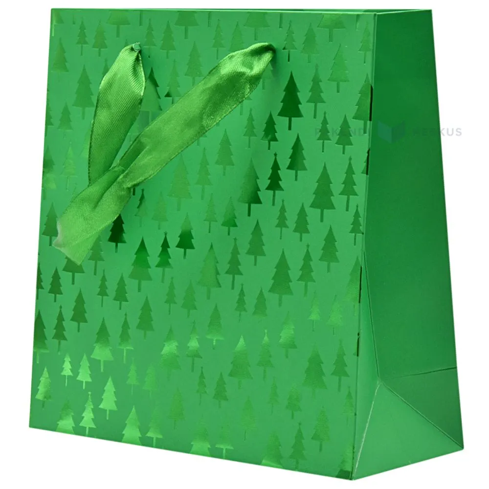 Green trees green paper bag with ribbon handles 20+8x20cm