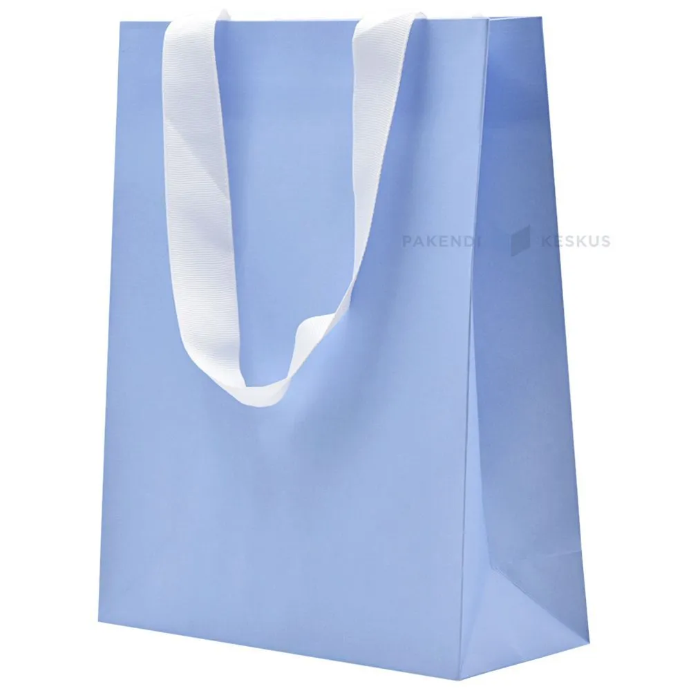 Light blue gift bag with white ribbon handles 20+8x25cm