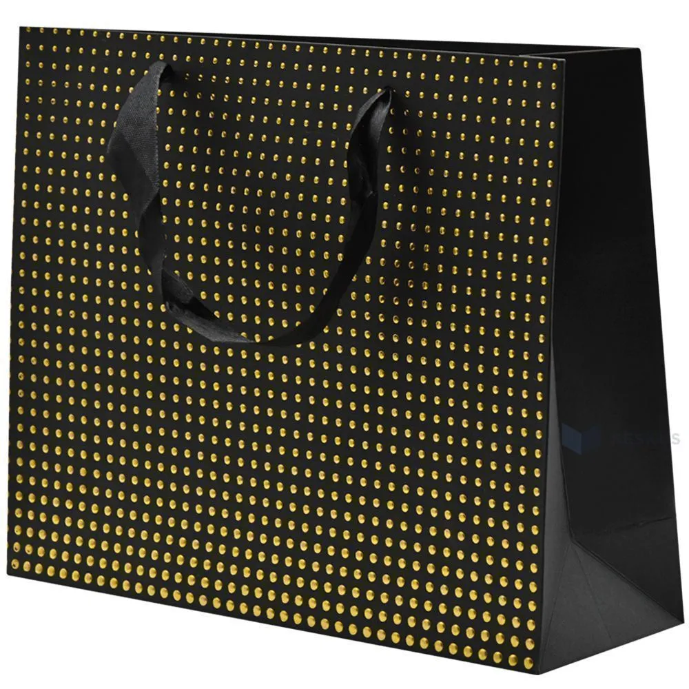 Golden dots print black paper bag with ribbon handles 25+8x20cm