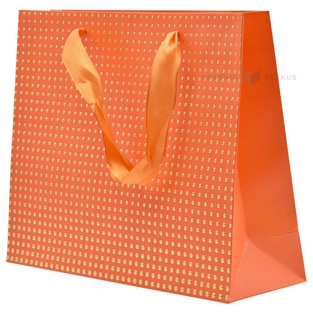 Golden dots print orange paper bag with ribbon handles 25+8x20cm