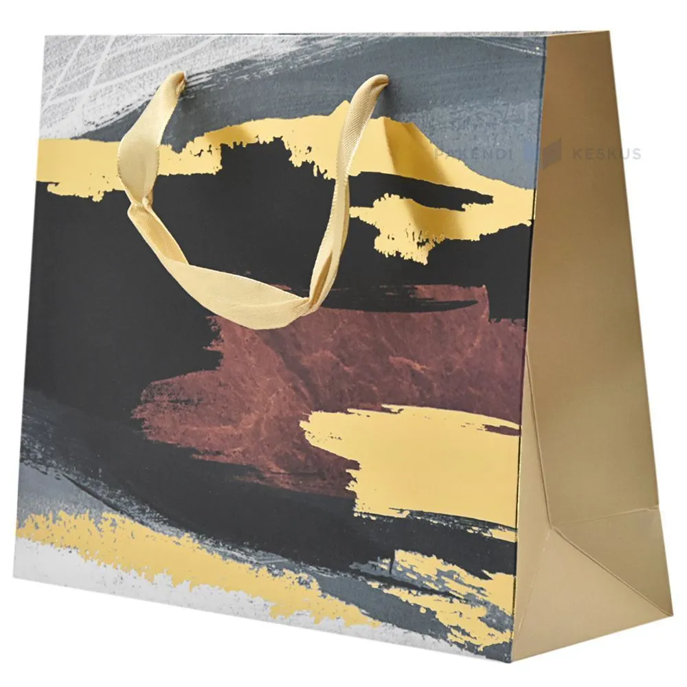 Black-golden-brown-gray patches print paper bag with ribbon handles 25+8x20cm