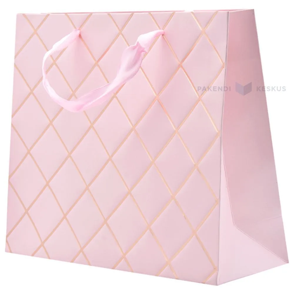 Golden edged rhombus pink paper bag with ribbon handles 25+8x20cm