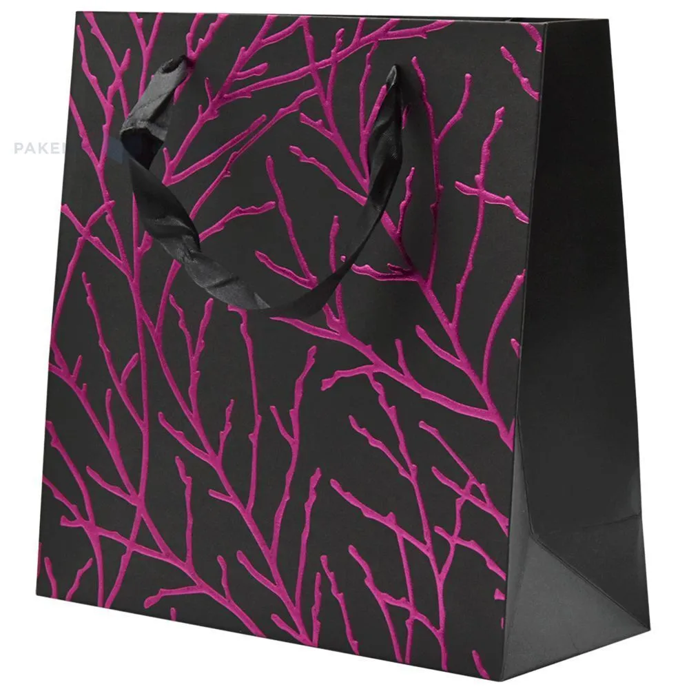 Purple branches print black paper bag with ribbon handles 25+10x25cm
