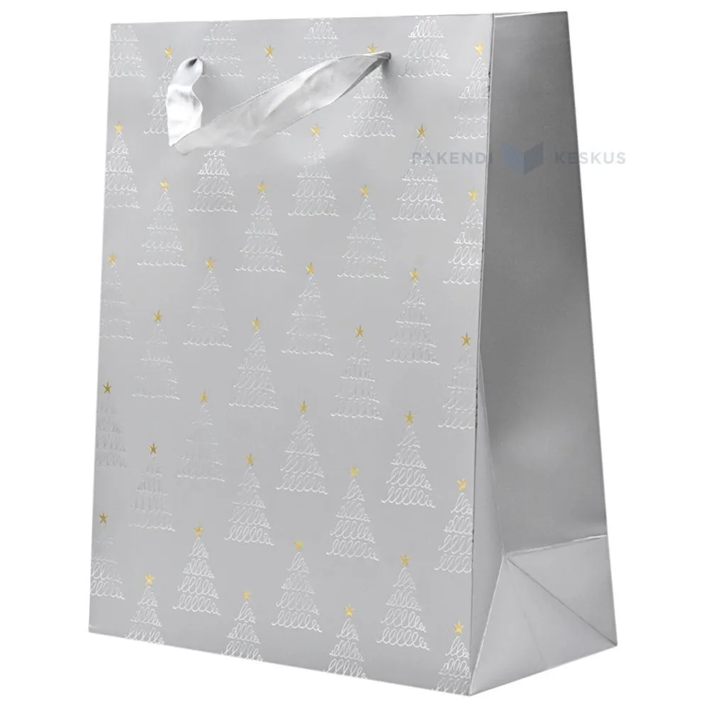 Silvery striped trees print gray paper bag with ribbon handles 26+12x32cm