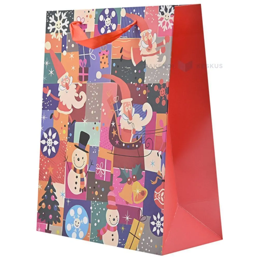 Santa Clauses and snowmen print checkered paper bag with ribbon handles 26+12x32cm