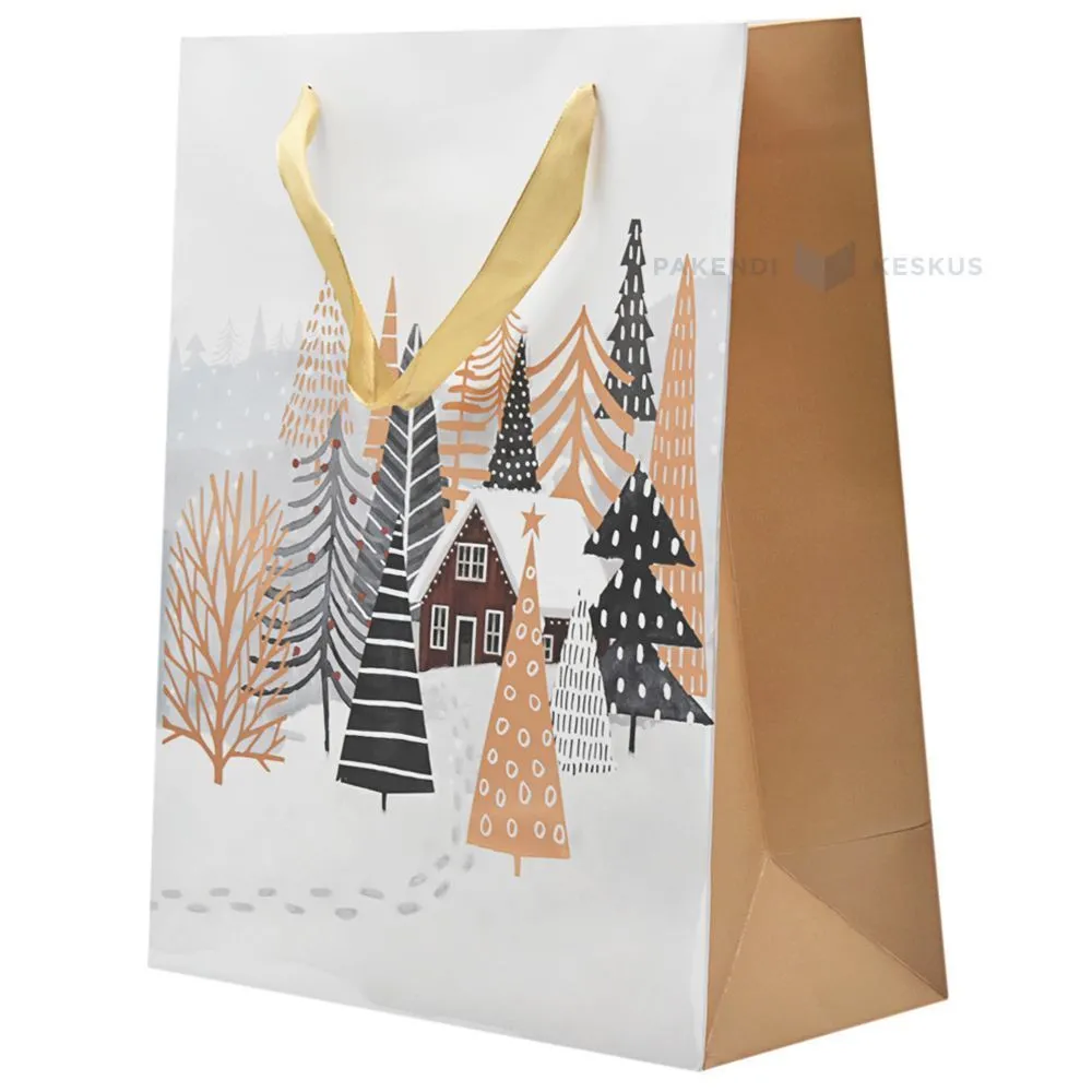 Paelsangaga lumisel taustal maja metsa sees pildiga kinkekott 26+12x32cm