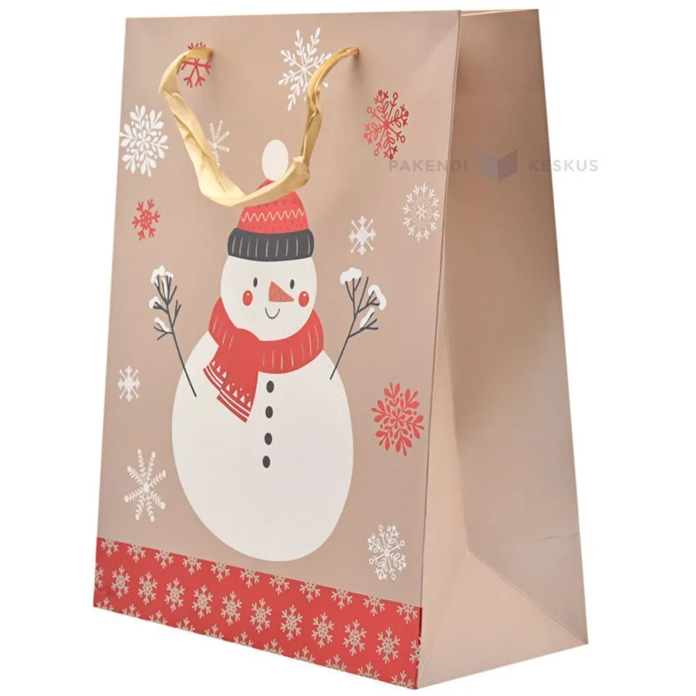 Snowman print pinkish paper bag with ribbon handles 26+12x32cm