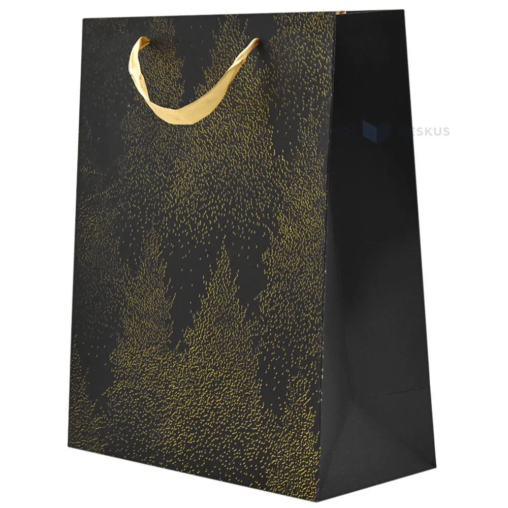 Golden trees black paper bag with ribbon handles 26+12x32cm
